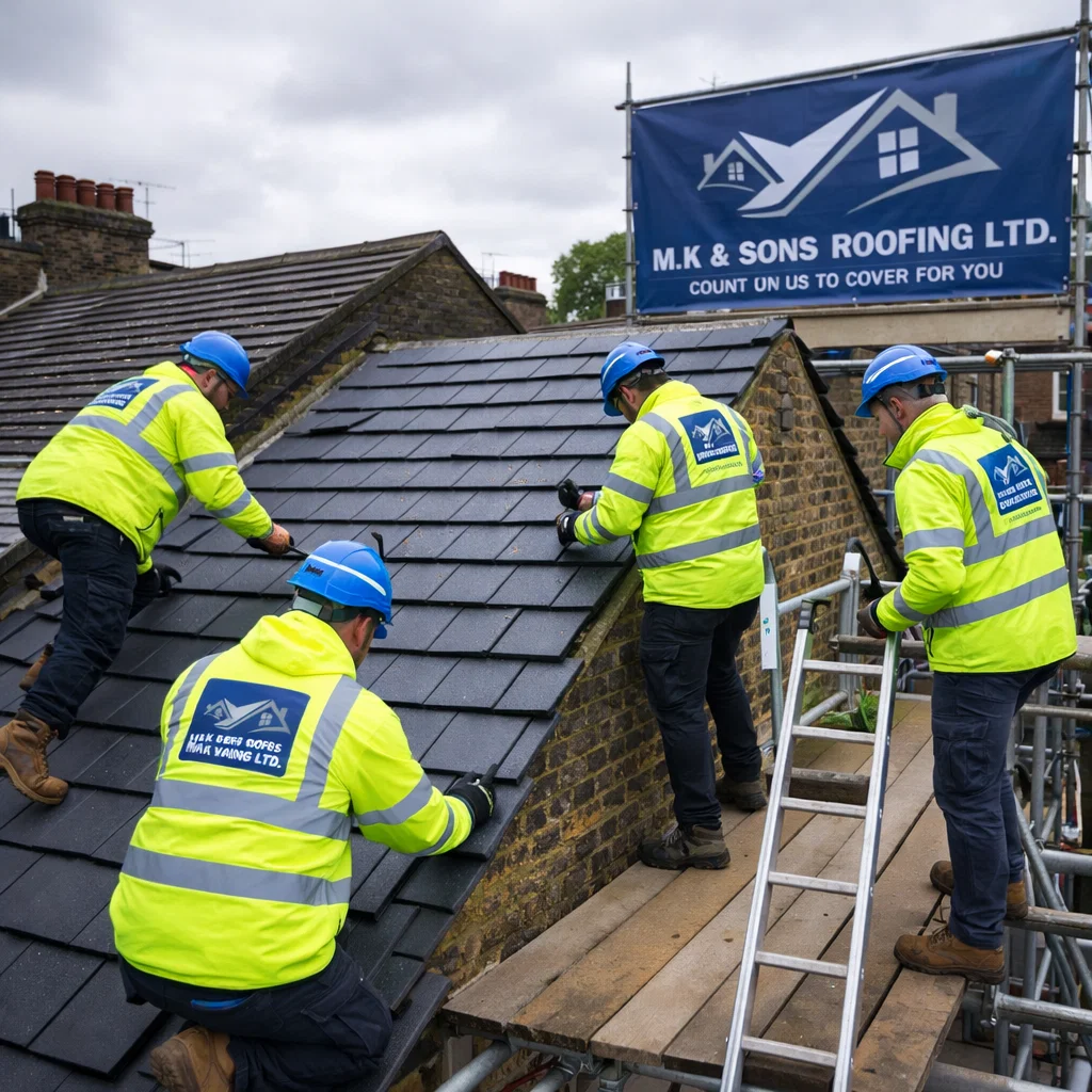 Roofers performing roof repairs in London on a terraced home.