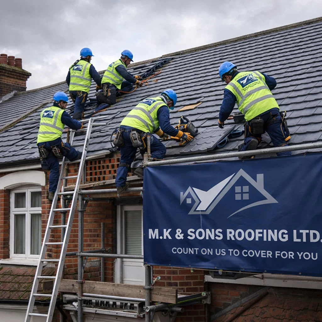 Roofing team installing a new roof on a London home