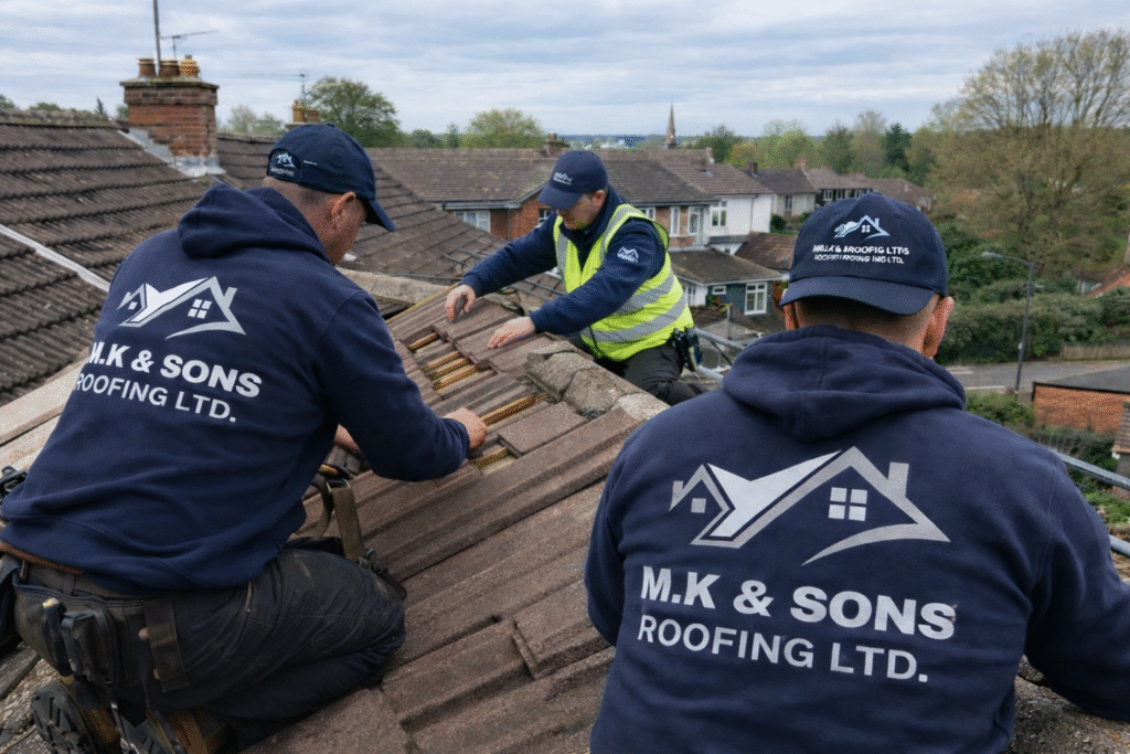 Local roof repair services in Hayes – professional roofing team fixing a residential roof.