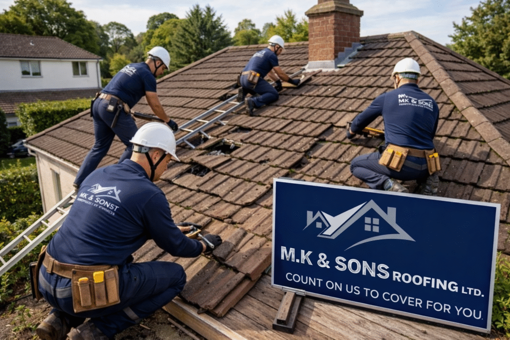 Roof repair work on a residential building in Northolt, UB5, showing workers fixing tiles and using safety equipment.