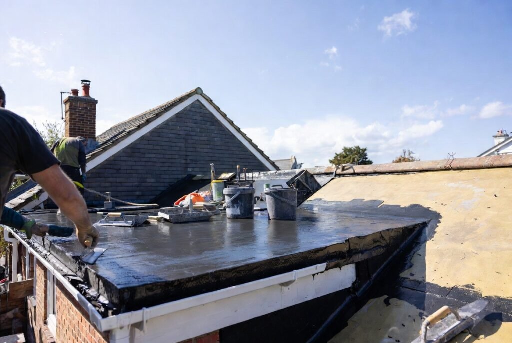 flat roof repair Ealing - GRP system being installed by local roofers