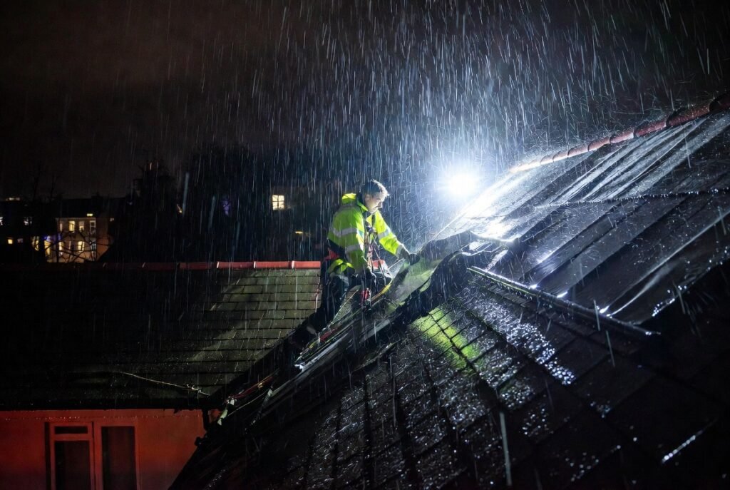 24/7 emergency roof repairs London – professional roofer fixing storm damage at night
