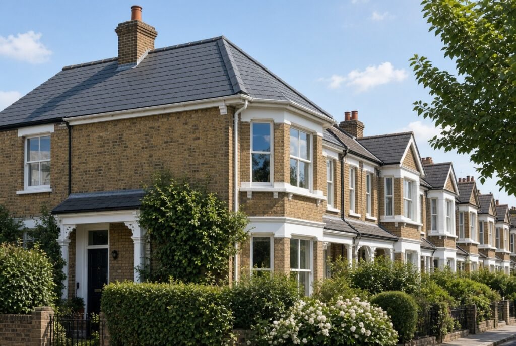 Newly installed dark slate pitched roof on a traditional Victorian brick terraced house in Ealing, West London