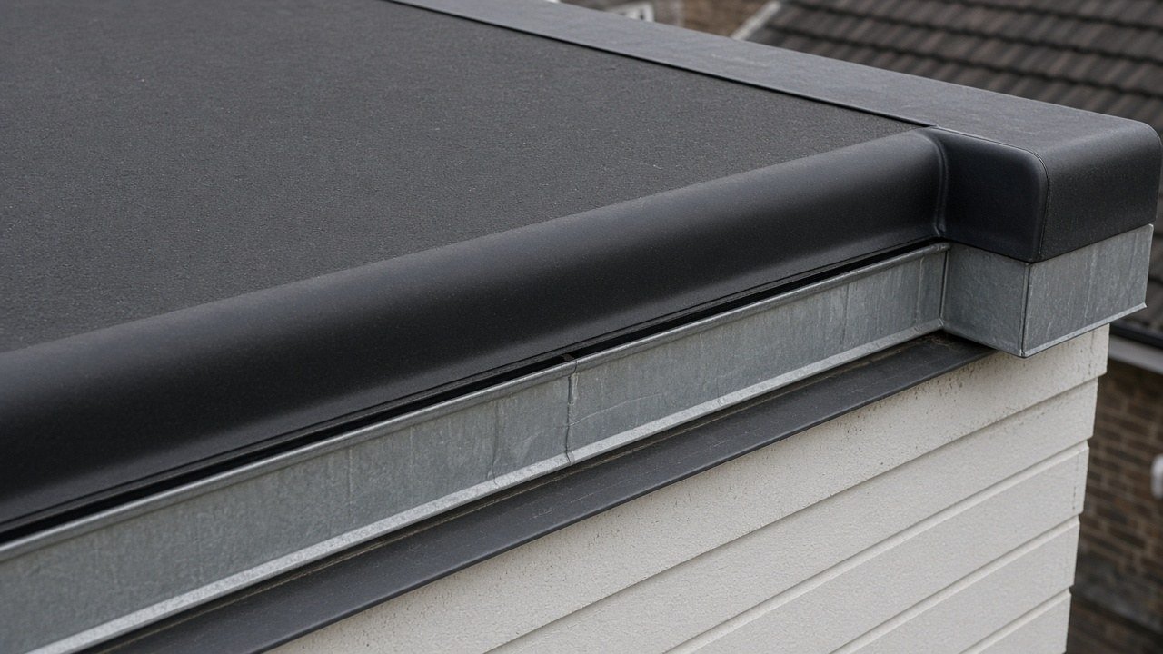 Flat roof replacement Hayes close-up of edge trim into gutter on a UB3 garage roof