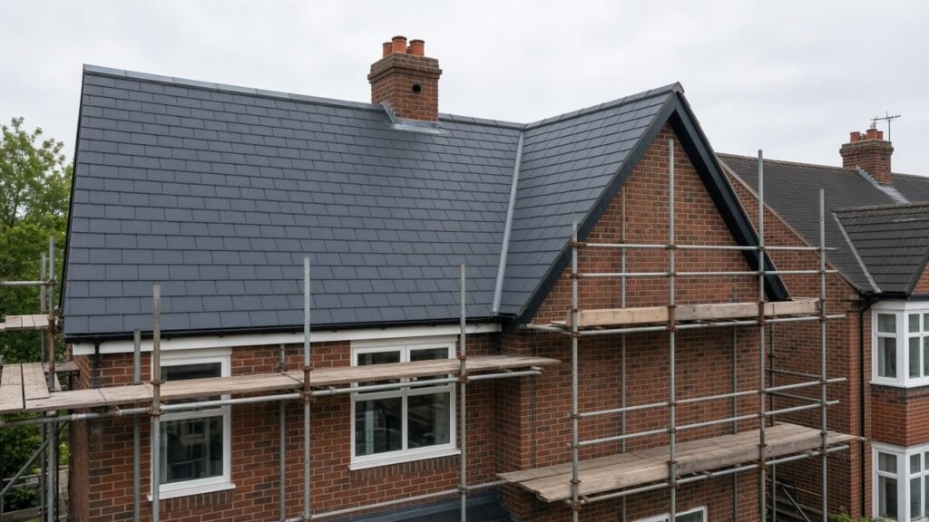 new roof Harrow slate roof with scaffolding