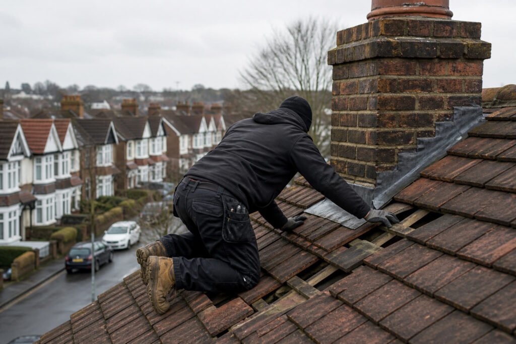 Roof repair Croydon — M.K & Sons Roofing Ltd inspecting a leaking pitched roof